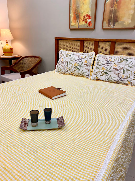 Bedsheet - Yellow Checks (Bedsheet + 2 Designer Pillowcases)