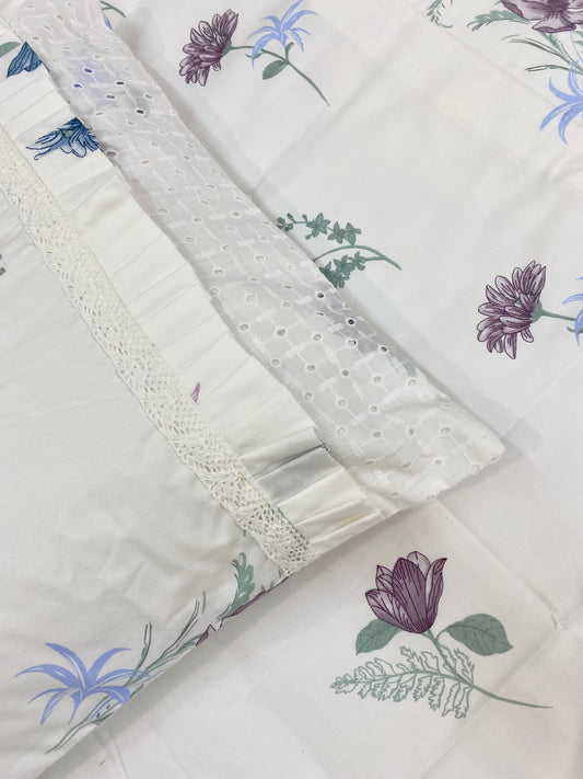 Bedsheet - White Flora (Bedsheet + 2 Designer Pillowcases)
