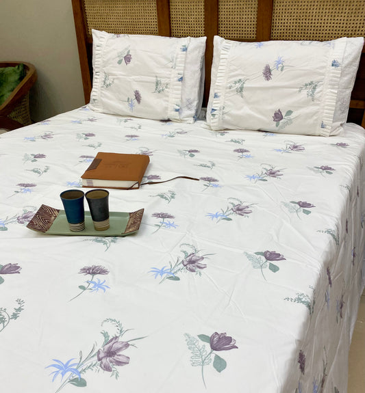 Bedsheet - White Flora (Bedsheet + 2 Designer Pillowcases)