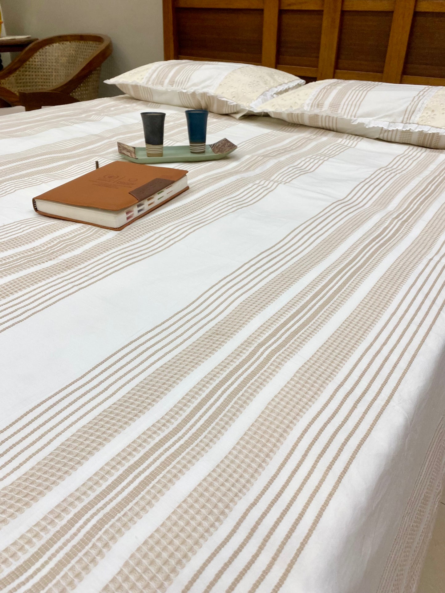 Bedsheet - Beige Lines (Bedsheet + 2 Designer pillowcases)